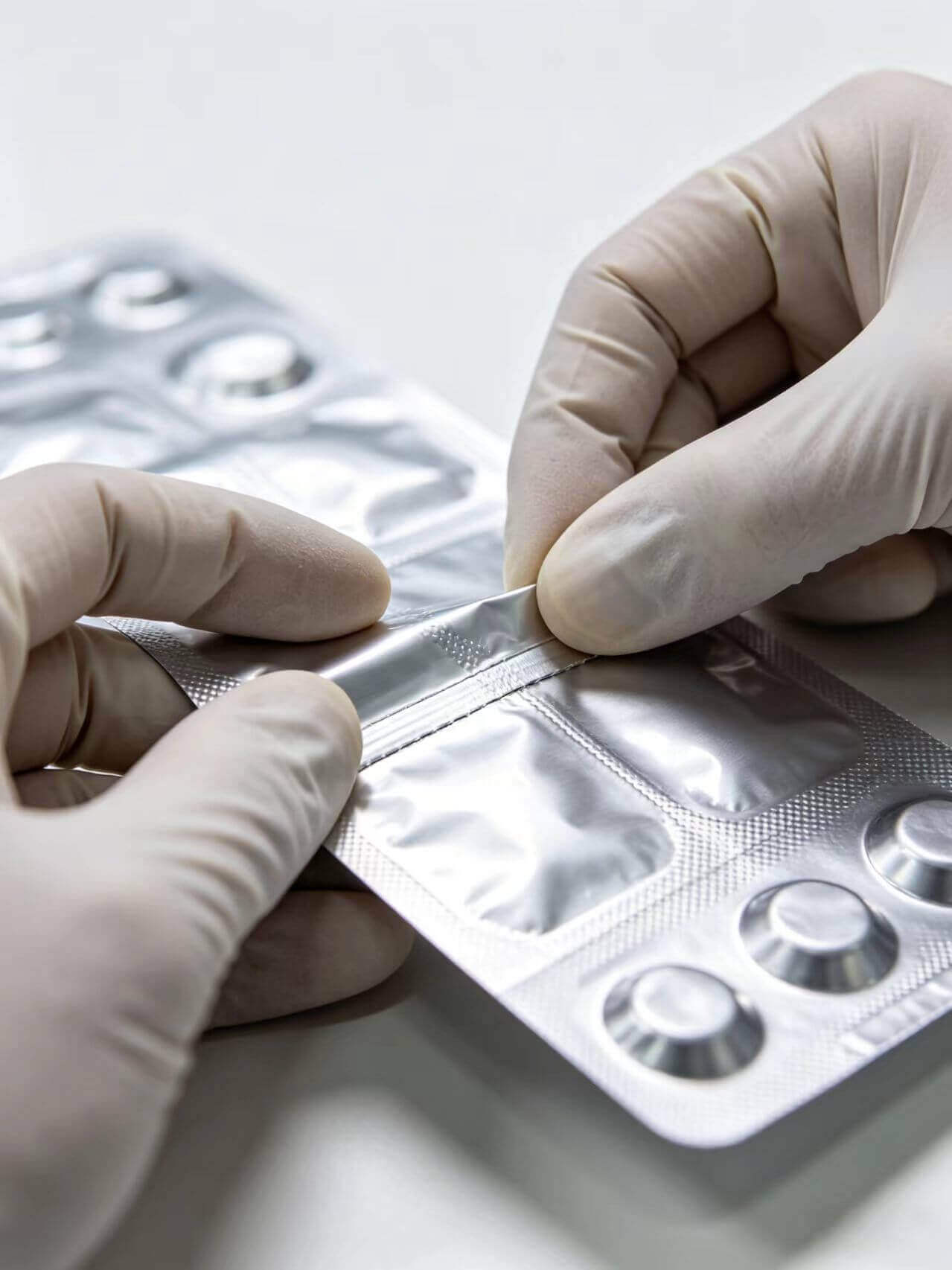 operator’s hands inspecting a finished ALU-PVC blister pack