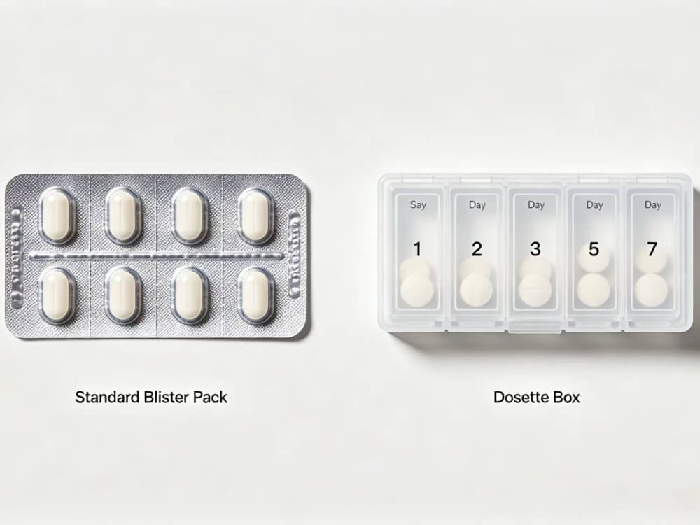 a standard blister pack and a dosette box