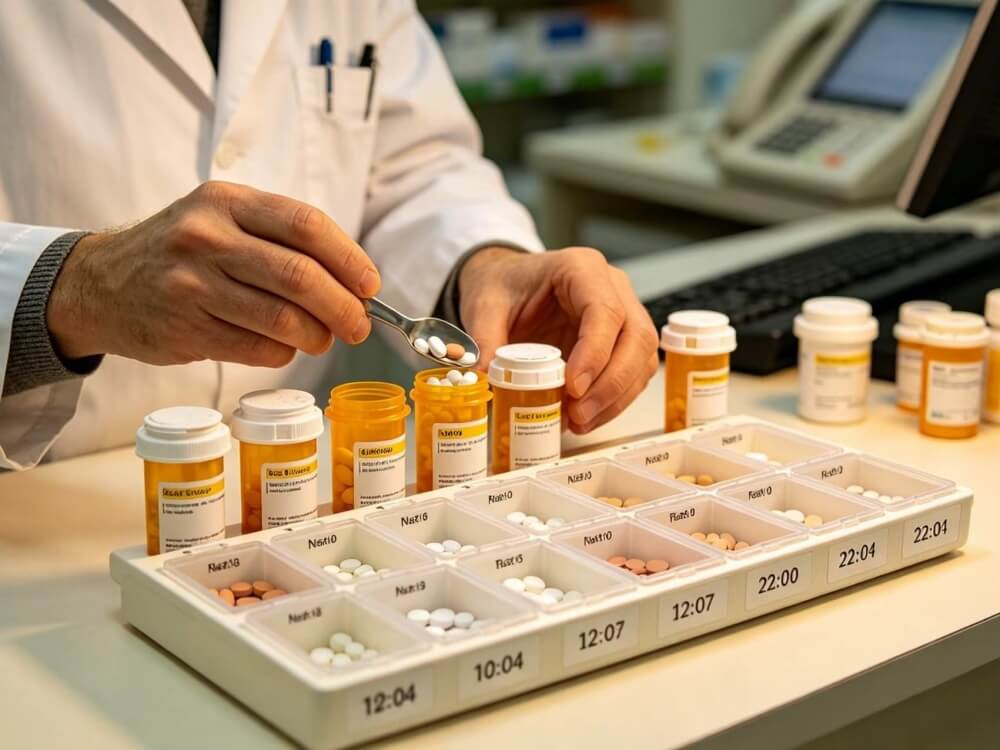 manually filling a dosette box with pills